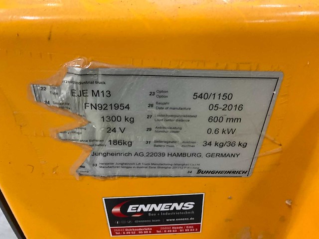 2016 jungheinrich eje m13 elektrische palletwagen - afbeelding 3 van  11