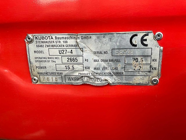 2016 kubota u27-4 rupsgraafmachine - afbeelding 5 van  20
