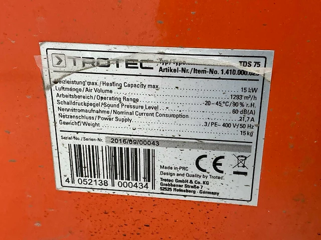 2016 trotec tds 75 elektroheater 15kw 400v - afbeelding 4 van  7