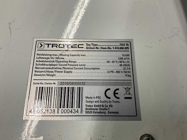 2016 trotec tds75 heater electrisch - afbeelding 2 van  2