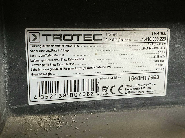 2016 trotec teh 100 elektroheater 18kw 400v - afbeelding 4 van  5