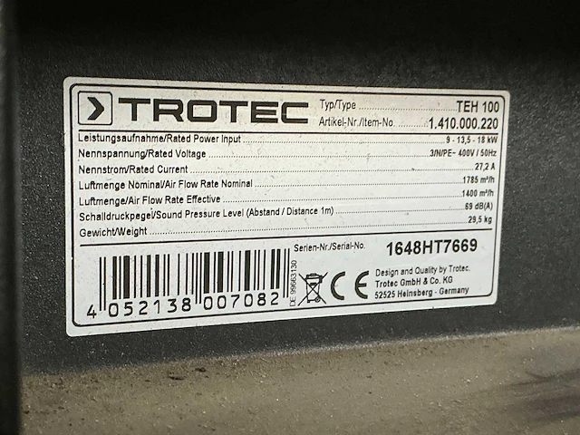 2016 trotec teh 100 elektroheater 18kw 400v - afbeelding 4 van  5