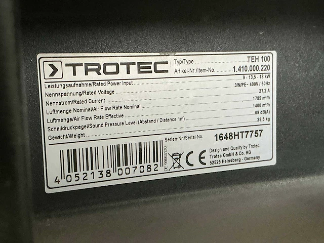 2016 trotec teh 100 elektroheater 18kw 400v - afbeelding 4 van  5