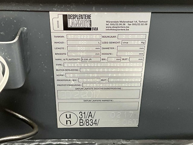 2017 desplentere-lannoy 400l stalen bovengrondse hydrauliekolie/brandstoftank - afbeelding 2 van  4