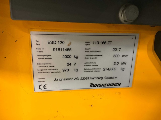 2017 jungheinrich esd 120 stapelaar - afbeelding 8 van  16