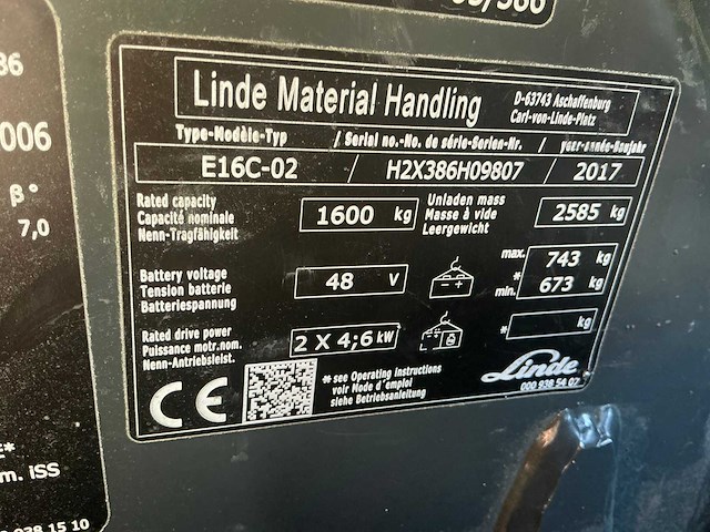 2017 linde e16c-02 vorkheftruck - afbeelding 1 van  1