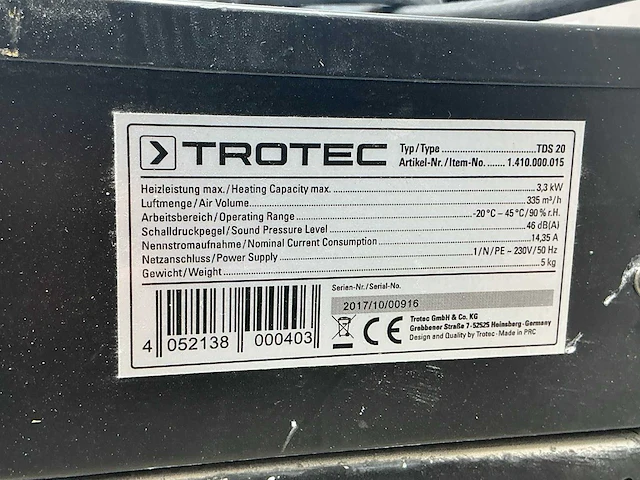 2017 trotec tds 20 elektroheater 3kw - afbeelding 4 van  6