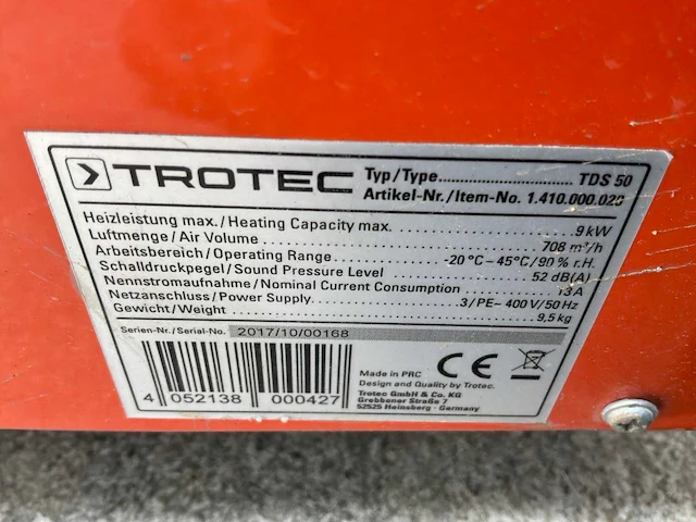 2017 trotec tds 50 elektroheater 9kw 400v - afbeelding 6 van  6
