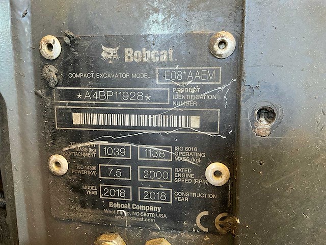 2018 bobcat e08 minigraafmachine - afbeelding 1 van  9