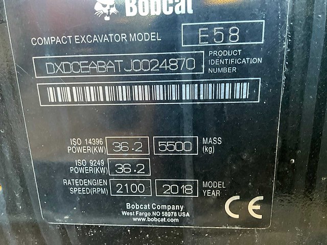 2018 bobcat e58 rupsgraafmachine - afbeelding 7 van  19