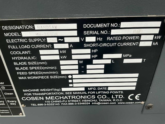 2018 cosen mh-350dm horizontale metaalbandzaag - afbeelding 10 van  20