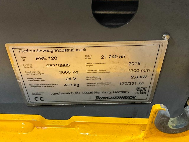 2018 jungheinrich ere 120 elektrische palletwagen - afbeelding 3 van  12