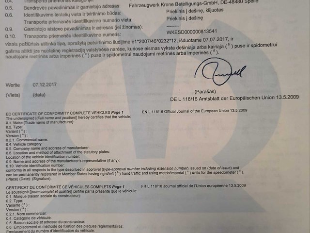 2018 krone sd trailer schuifzeil - eu documenten (litouwen) - 3 assig - afbeelding 13 van  18