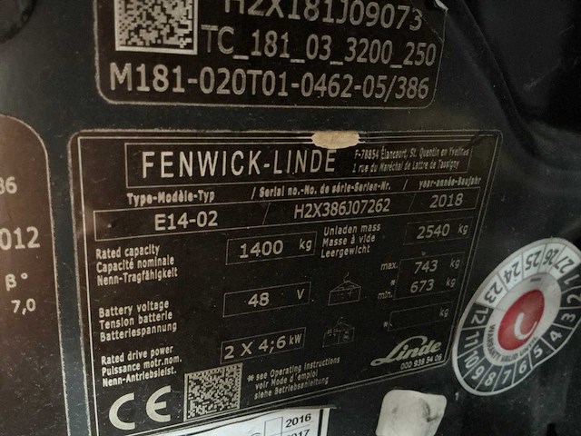 2018 linde e14-02 vorkheftruck - afbeelding 76 van  129