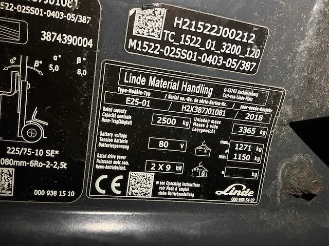 2018 linde e25-01 vorkheftruck met 360 °rotator/vorkversteller - afbeelding 57 van  60
