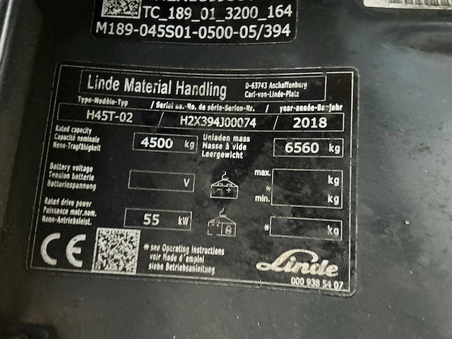2018 linde h45t vorkheftruck - afbeelding 1 van  3