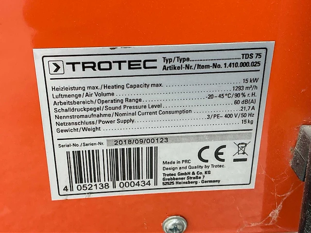 2018 trotec tds 75 elektroheater 15kw 400v - afbeelding 5 van  7