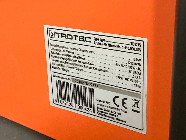 2018 trotec tds 75 elektroheater 15kw 400v - afbeelding 6 van  6