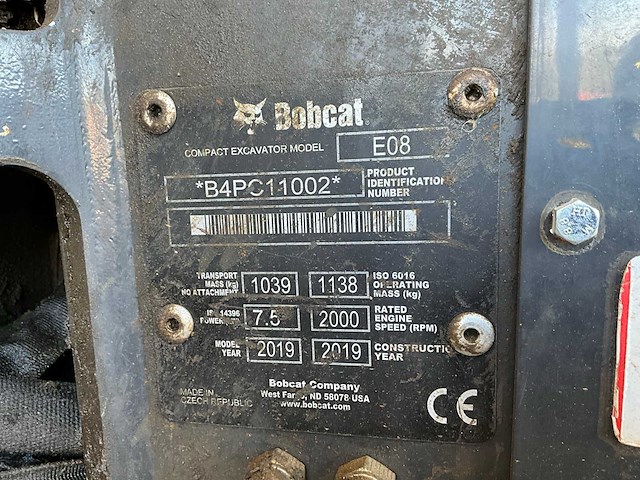 2019 bobcat e08 minigraafmachine - afbeelding 3 van  17