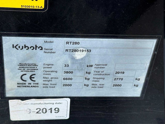 2019 kubota rt280 wiellader - afbeelding 8 van  9