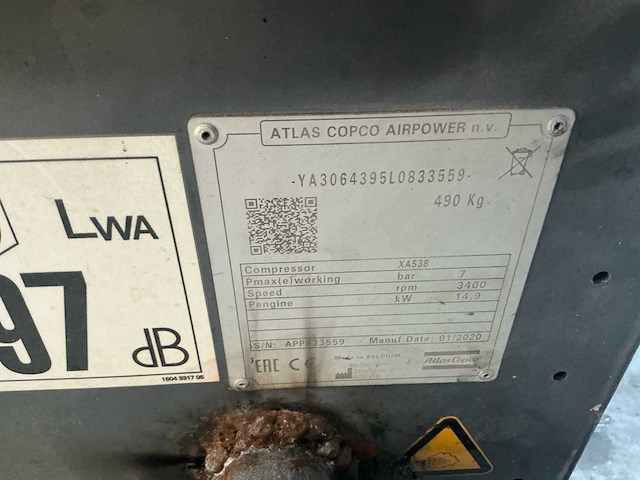 2020 atlas copco xas 38 mobiele compressor - afbeelding 2 van  10