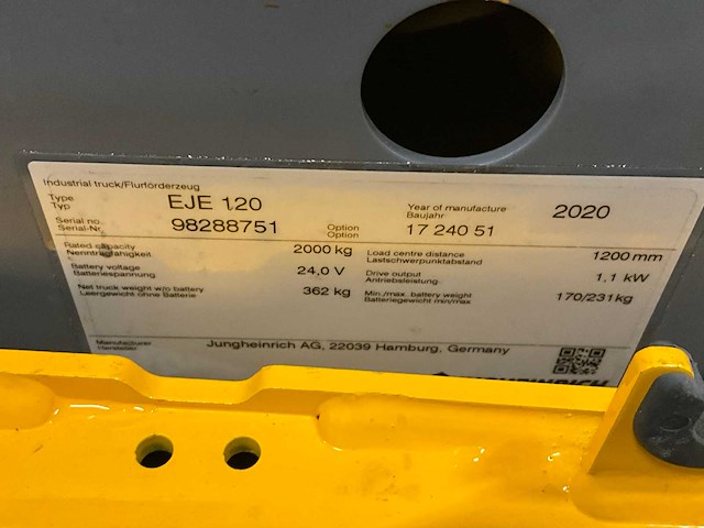 2020 jungheinrich eje 120 elektrische palletwagen - afbeelding 3 van  11
