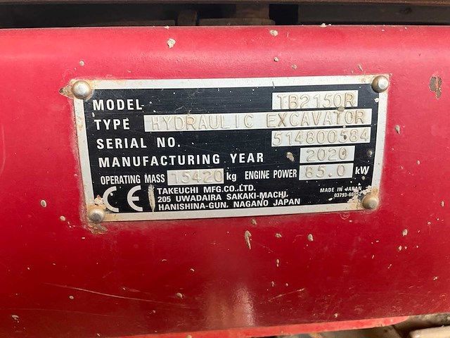 2020 takeuchi tb2150r rupsgraafmachine - afbeelding 10 van  23