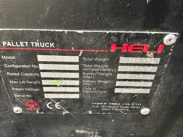 2021 heli obd20j elektrische palletwagen - afbeelding 8 van  8