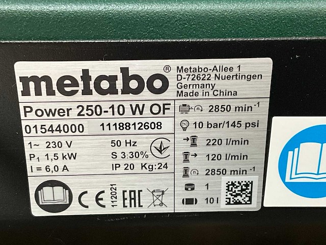 2021 metabo power 250-10 w of luchtcompressor - afbeelding 4 van  4