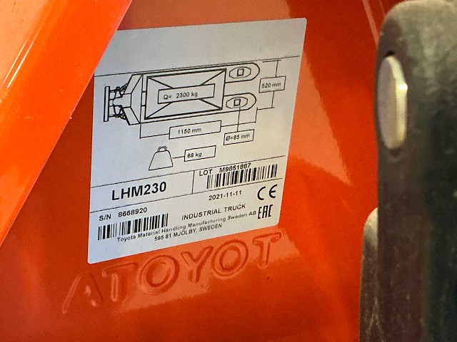 2021 toyota/bt lhm230 hand hydraulische palletwagen - afbeelding 3 van  3