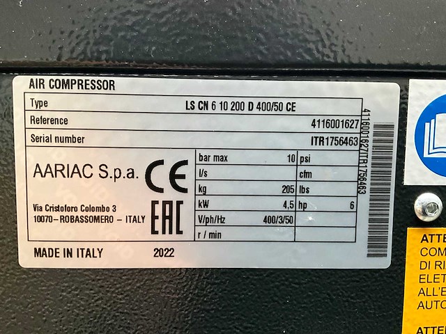2022 aariac ls cn 6 10 200 d 400/50 ce schroefcompressor - afbeelding 7 van  11