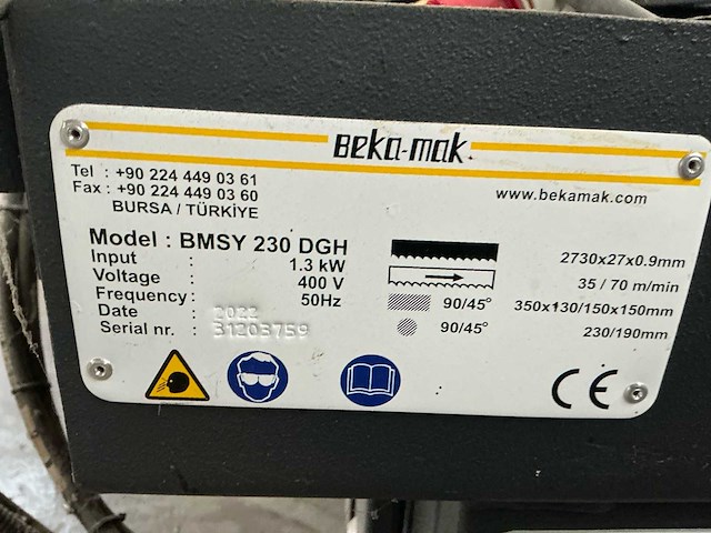 2022 bekamac bmsy 230 dgh metalen horizontale bandzaagmachine - afbeelding 7 van  10