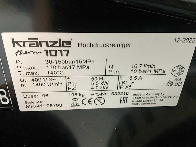 2022 kranzle 1017 hogedrukreiniger - afbeelding 6 van  6