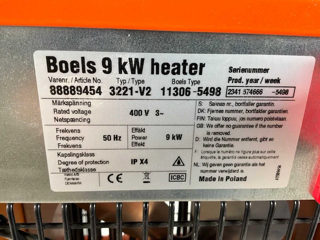 2023 inelco 88849450 dania sh 9kw elektroheater 9kw 400v - afbeelding 4 van  4