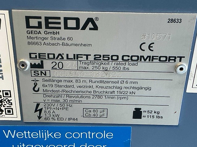 2024 geda gedalift 250 comfort elektrische kettingtakel - afbeelding 2 van  3