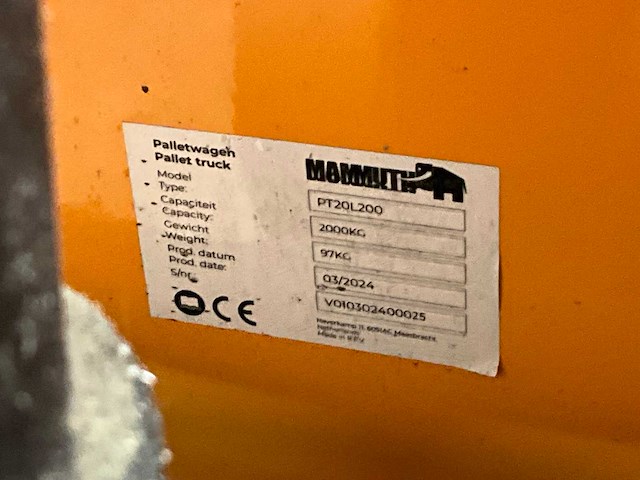 2024 mammuth pt20l200 hand hydraulische palletwagen - afbeelding 5 van  5