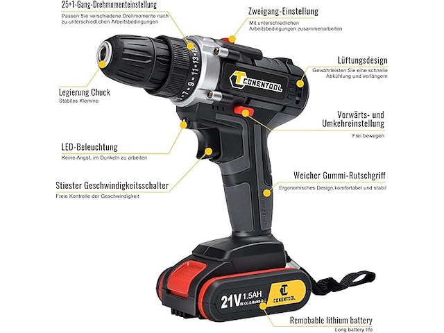 21 v accuschroefboormachine met !1 x 1500 mah batterijen - afbeelding 5 van  6