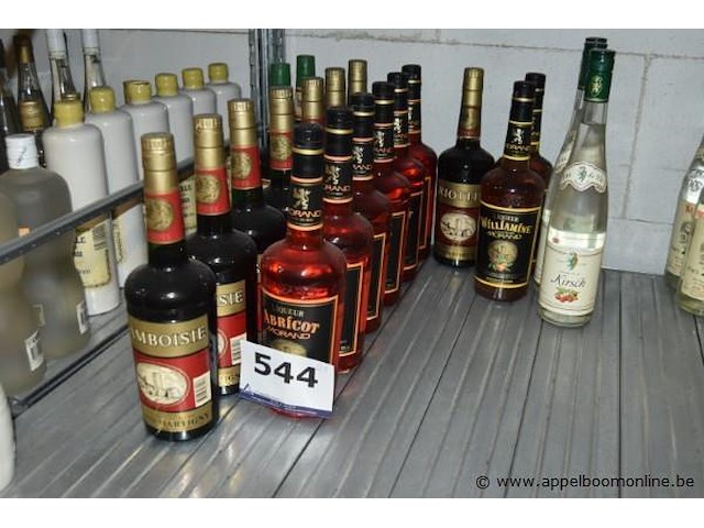 21x fles likeur/eau de vie, wo. 6x morand liqueur abricot 1l, 5x eau de vie kirsch 70cl, 3x morand liqueur williamine 1l, 3x morand framboisie 70cl, 3x riotte 70cl - afbeelding 1 van  3