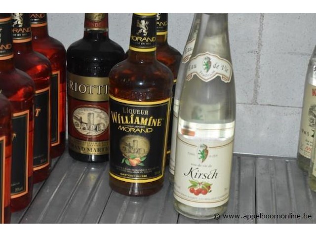 21x fles likeur/eau de vie, wo. 6x morand liqueur abricot 1l, 5x eau de vie kirsch 70cl, 3x morand liqueur williamine 1l, 3x morand framboisie 70cl, 3x riotte 70cl - afbeelding 2 van  3