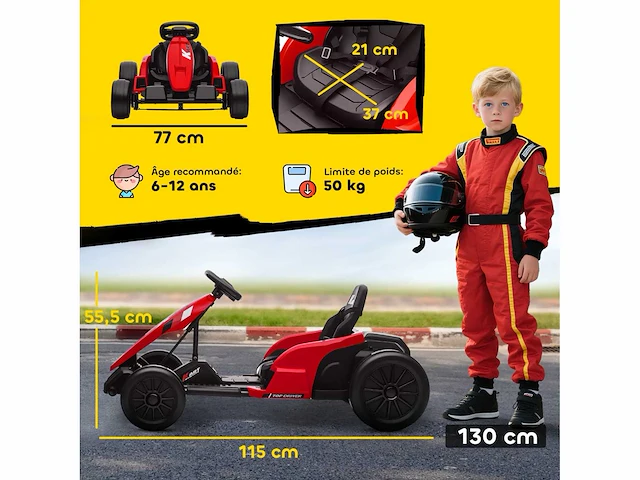 24v elektrische kinderkart, gokart, 2 x 150w motor, driftmodus, verstelbare stoel, zachte start, rood - afbeelding 3 van  6