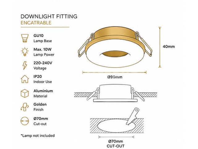 25 x downlight fitting – gu10 – goud – ø70mm – ip20 – kadife - afbeelding 4 van  5