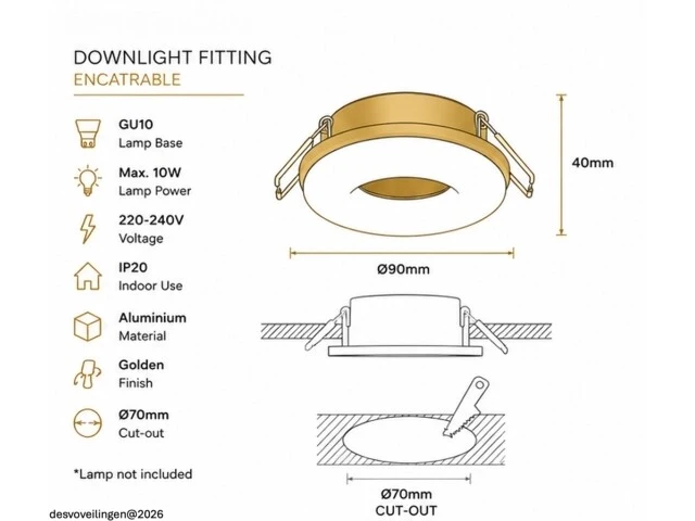25 x downlight fitting – gu10 – goud – ø70mm – ip20 – kadife - afbeelding 4 van  6
