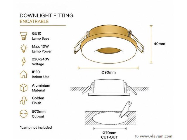 25 x downlight fitting – gu10 – goud – ø70mm – ip20 – kadife - afbeelding 3 van  5