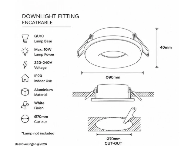 25 x downlight fitting – gu10 – wit – ø70mm – ip20 – kadife - afbeelding 5 van  6