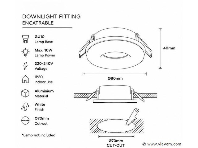 25 x downlight fitting – gu10 – wit – ø70mm – ip20 – kadife - afbeelding 4 van  5