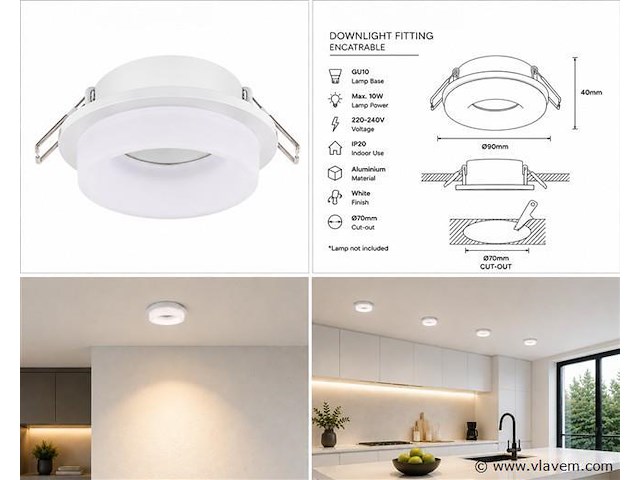 25 x downlight fitting – gu10 – wit – ø70mm – ip20 – kadife - afbeelding 5 van  5
