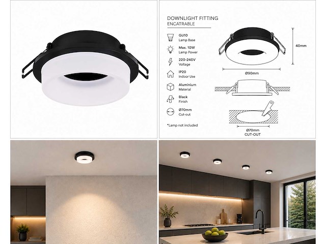 25 x downlight fitting – gu10 – zwart – ø70mm – ip20 – kadife - afbeelding 2 van  2