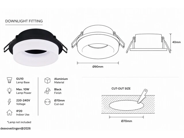 25 x downlight fitting – gu10 – zwart – ø70mm – ip20 – kadife - afbeelding 4 van  6