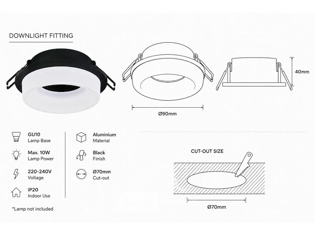 25 x downlight fitting – gu10 – zwart – ø70mm – ip20 – kadife - afbeelding 4 van  6