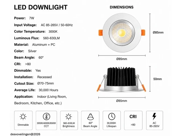 25 x led downlight – 7w – draaibaar – dimbaar – 3000k warm – zilver - afbeelding 4 van  5